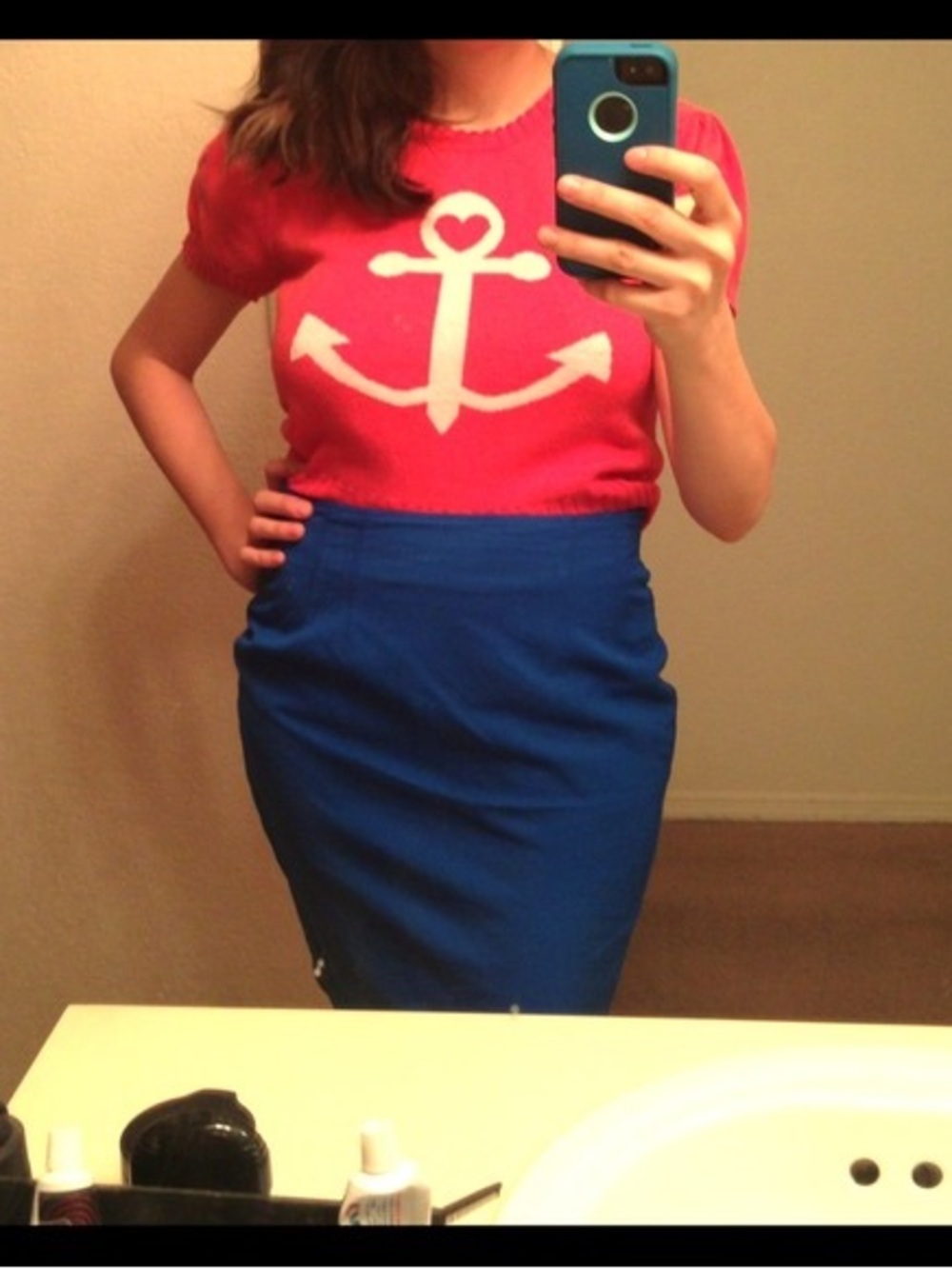 Red Anchor Knit Mini Dress with Blue Skirt Styling